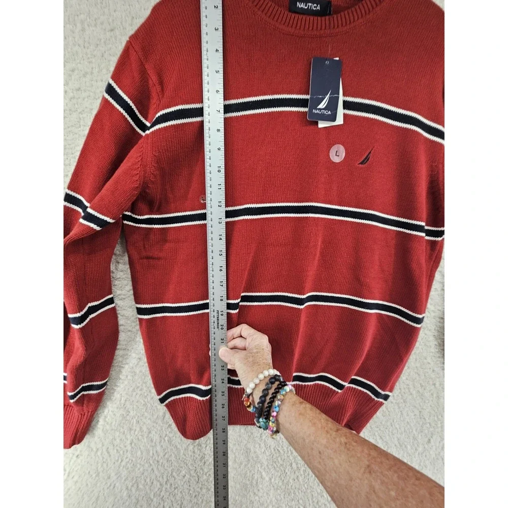 New Nautica Mens Large Red Striped Long Sleeve Sweater Pullover Crewneck